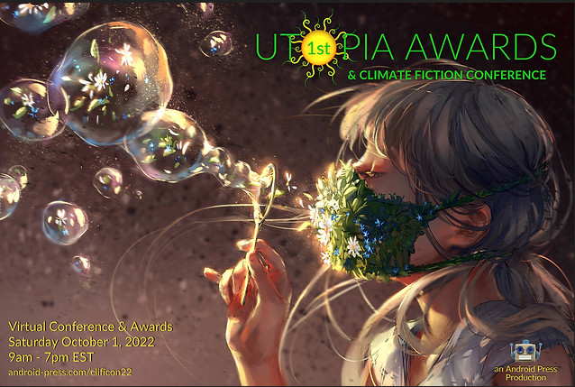 UtopiaCon logo - a girl in a mask made of flowers blowing bubbles